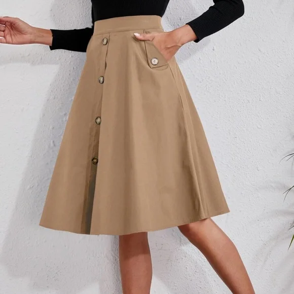 Classic Button Detail Pocket Flared Midi Skirt - Picture 3 of 14